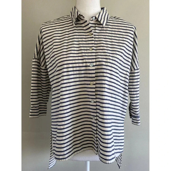 BDG Urban Outfitters Shirt Blouse Blue Cream Stripe Small S - Picture 1 of 4